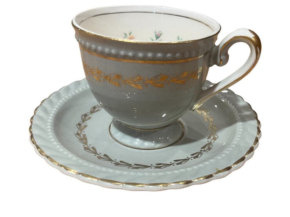 Steubenville Monticello Demitasse Cup and Saucer Gray Floral Set Herman C Kupper